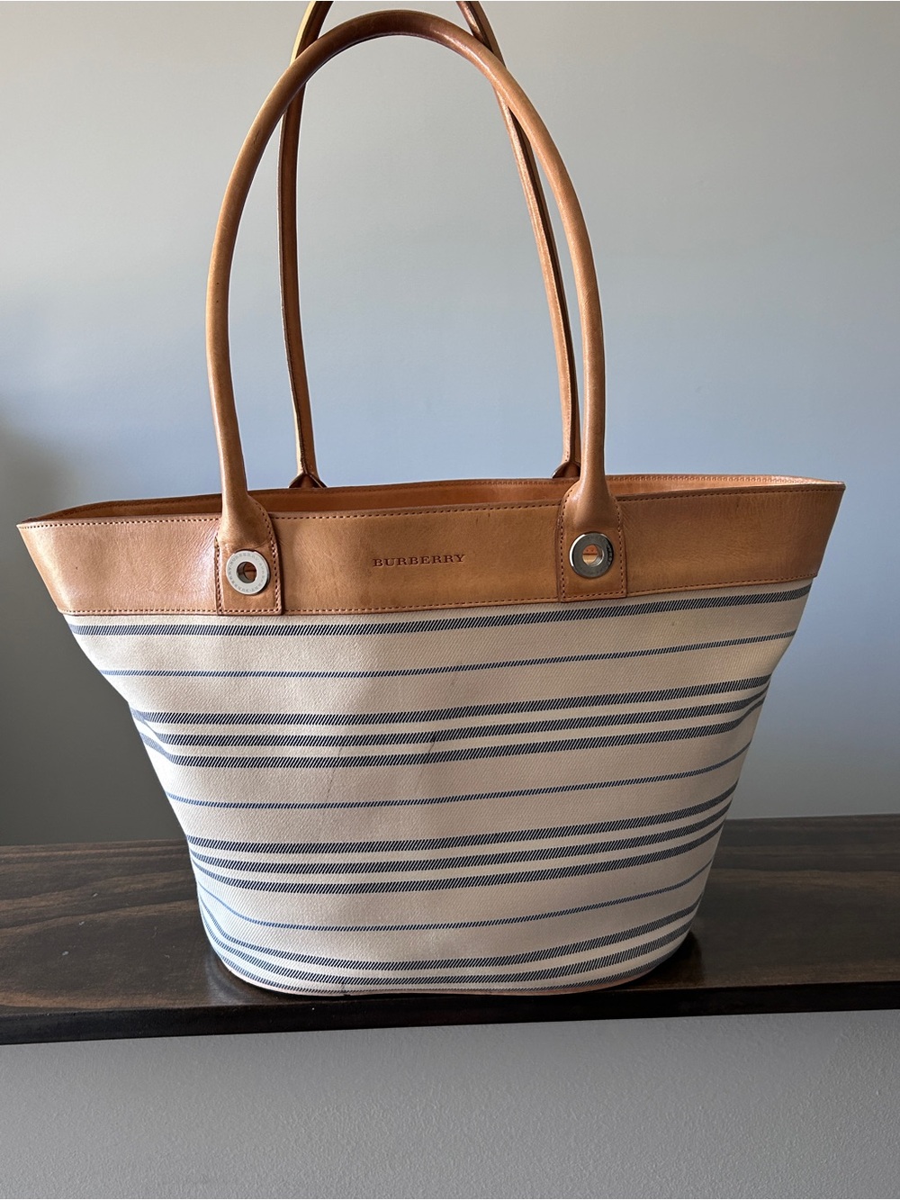 Burberry striped canvas and leather shoulder tote bag